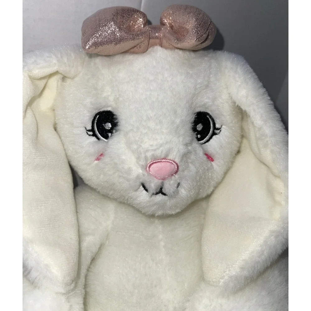 Plush White Bunny Rabbit Backpack Embroidered Face Mauve Pink Glitter Bow & Feet